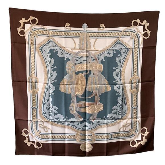 Hermes  Bride de Cour Brown, Blue, White, and Gold 100% Silk Scarf 90cm Square - Picture 5 of 16